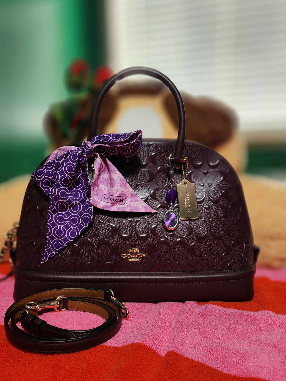 COACH Signature Embossed Dome Satchel in Deep Plum